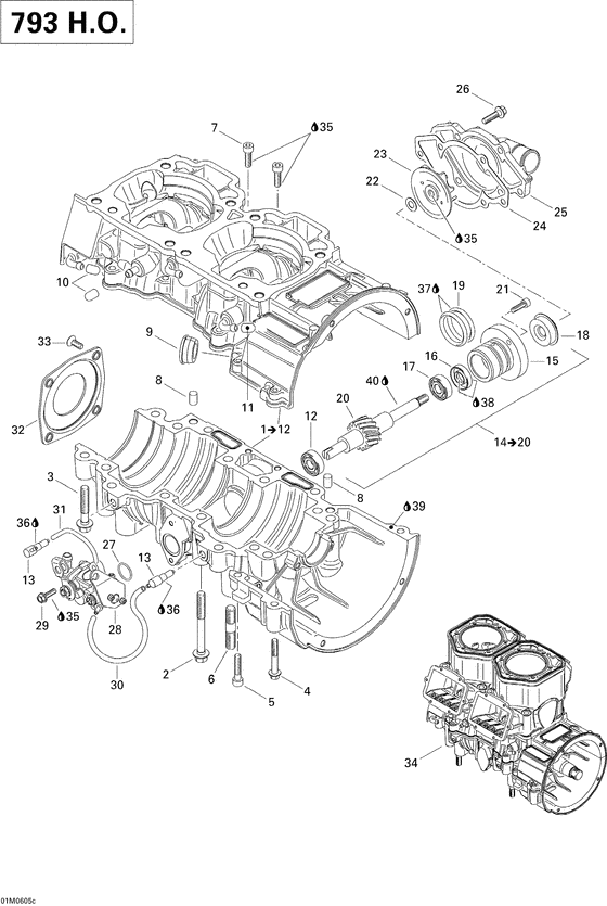 Взрыв-схема узла «01- crankcase, water pump and oil pump (793HO)»