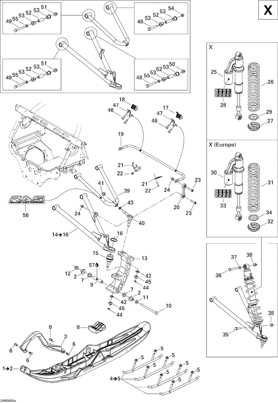 Схема узла «07- front suspension and ski x» для BRP MX Z 800 H.O.