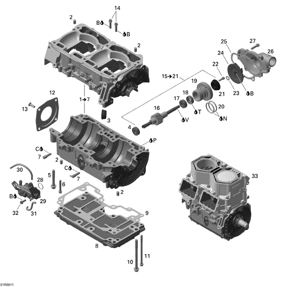 Взрыв-схема узла «01- crankcase, water pump and oil pump»