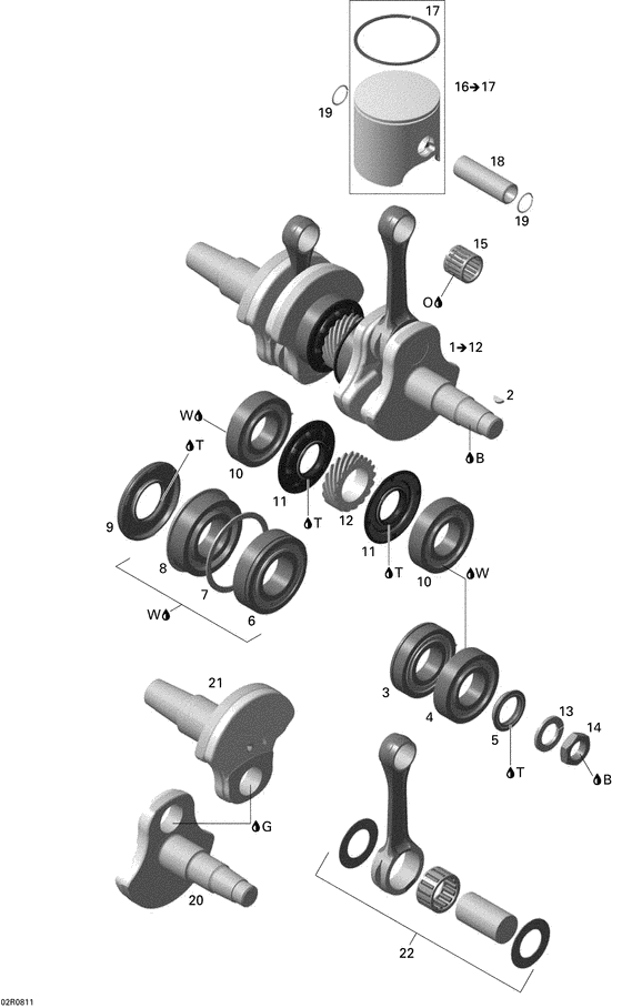 Схема узла «01- crankshaft and pistons» для BRP Renegade X 800R
