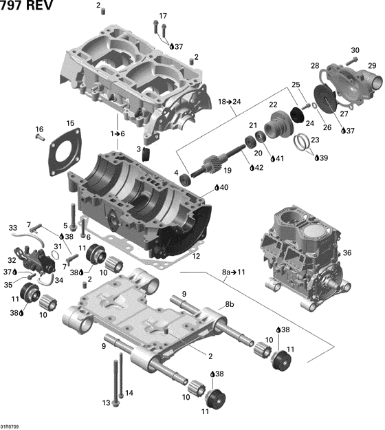 Взрыв-схема узла «01- crankcase, water pump and oil pump»